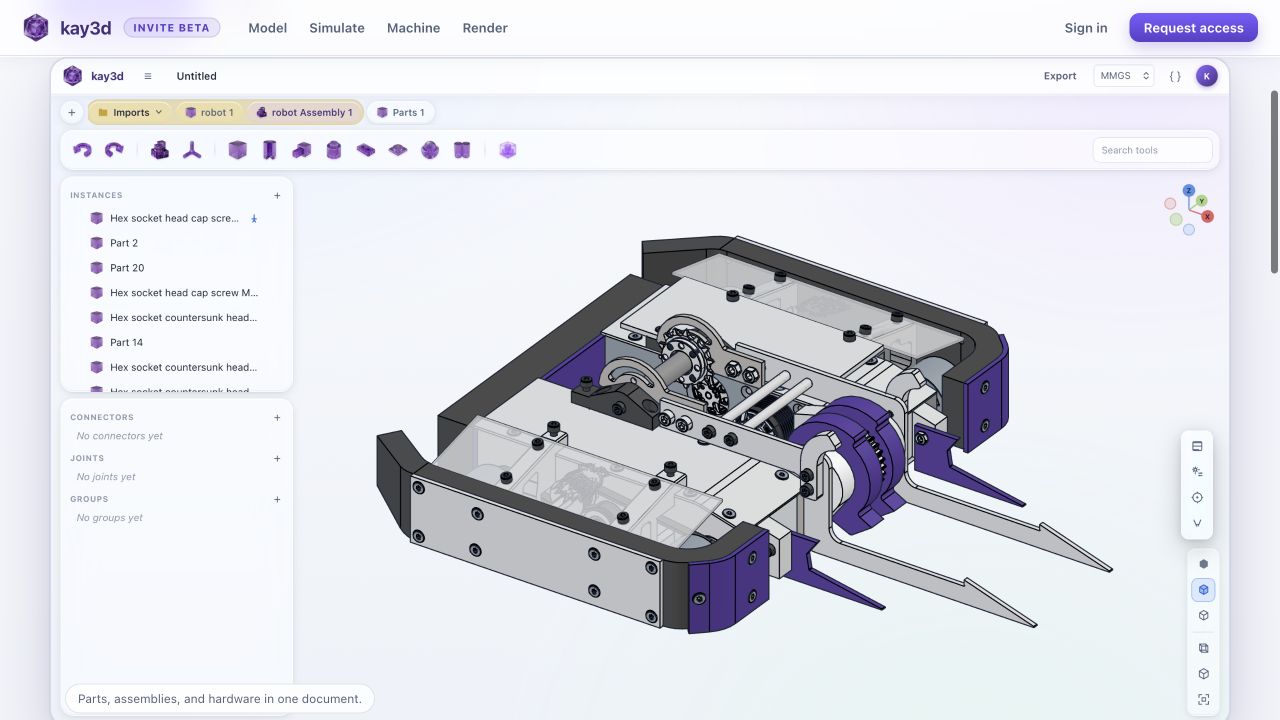 Kay3D CAD workspace showing a robot assembly